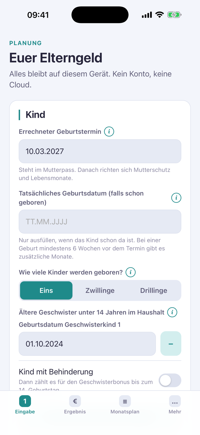 Eingabe-Seite mit Geburtstermin, Anzahl der Kinder und Geschwistern, jeweils mit i-Knopf zur Erklärung