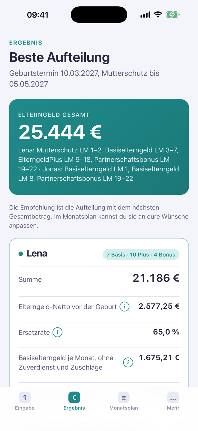 Ergebnis-Seite: Elterngeld gesamt, Empfehlung und die Beträge für Lena