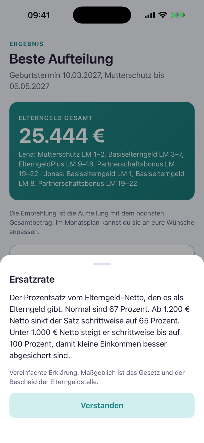 Erklärung zur Ersatzrate in einfacher Sprache über der Ergebnis-Seite