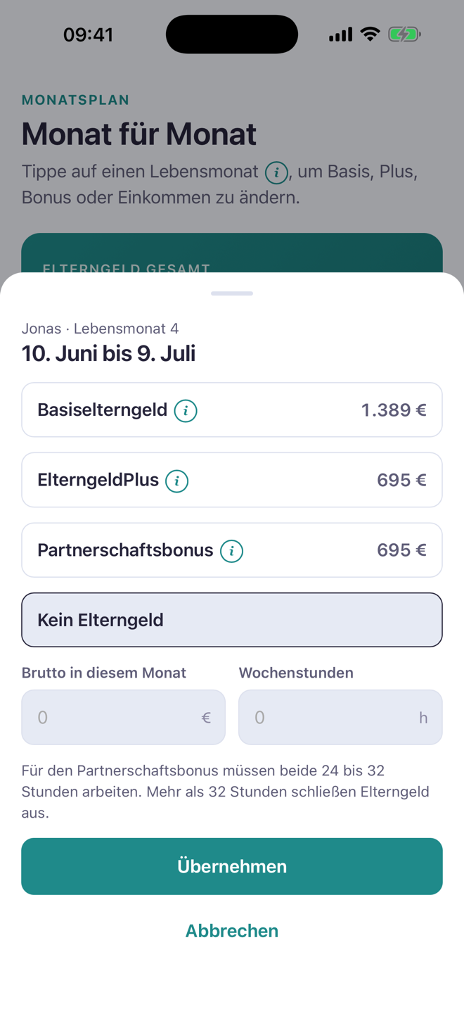 Bearbeiten eines Lebensmonats: Auswahl zwischen Basiselterngeld, ElterngeldPlus, Partnerschaftsbonus und kein Elterngeld
